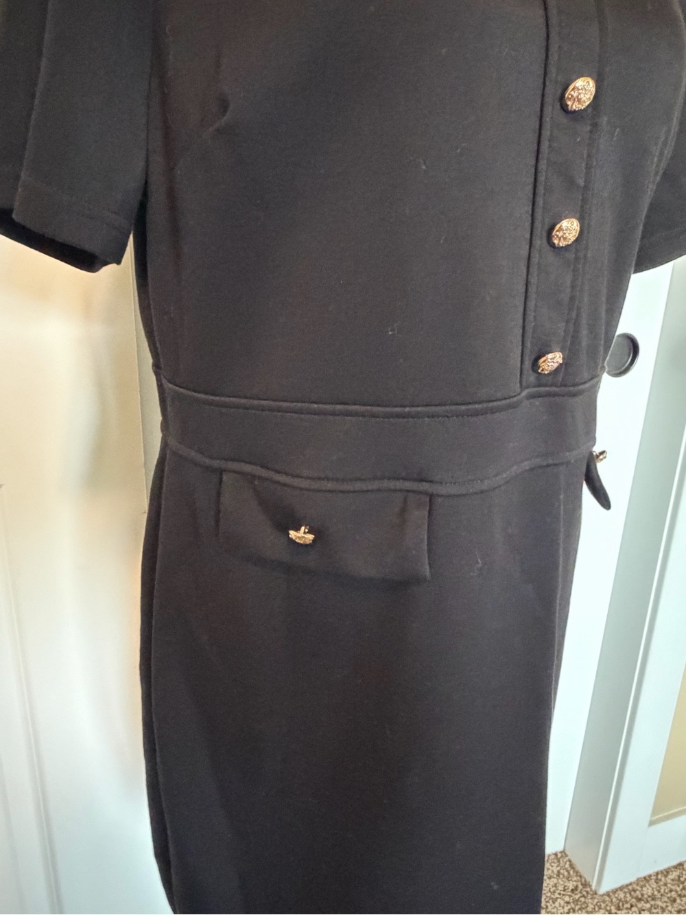 Black Short-Sleeve Mini Dress with Gold Button Detailing - Picture 7 of 8